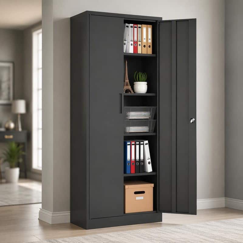 Front. RYHNUYNE - 72 Inch Tall Metal Garage Storage Cabinet Black Tool Steel Locking Cabinet with Doors and 4 Shelves for Home Office - Black.