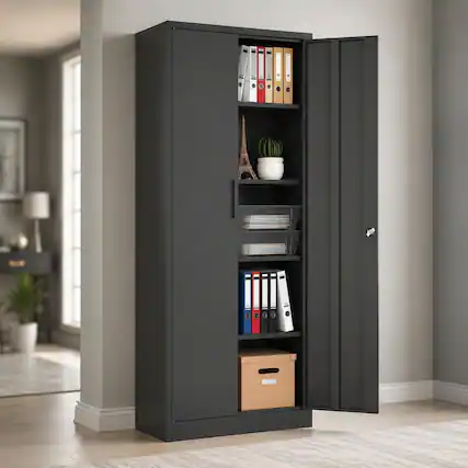 Front. RYHNUYNE - 72 Inch Tall Metal Garage Storage Cabinet Black Tool Steel Locking Cabinet with Doors and 4 Shelves for Home Office - Black.