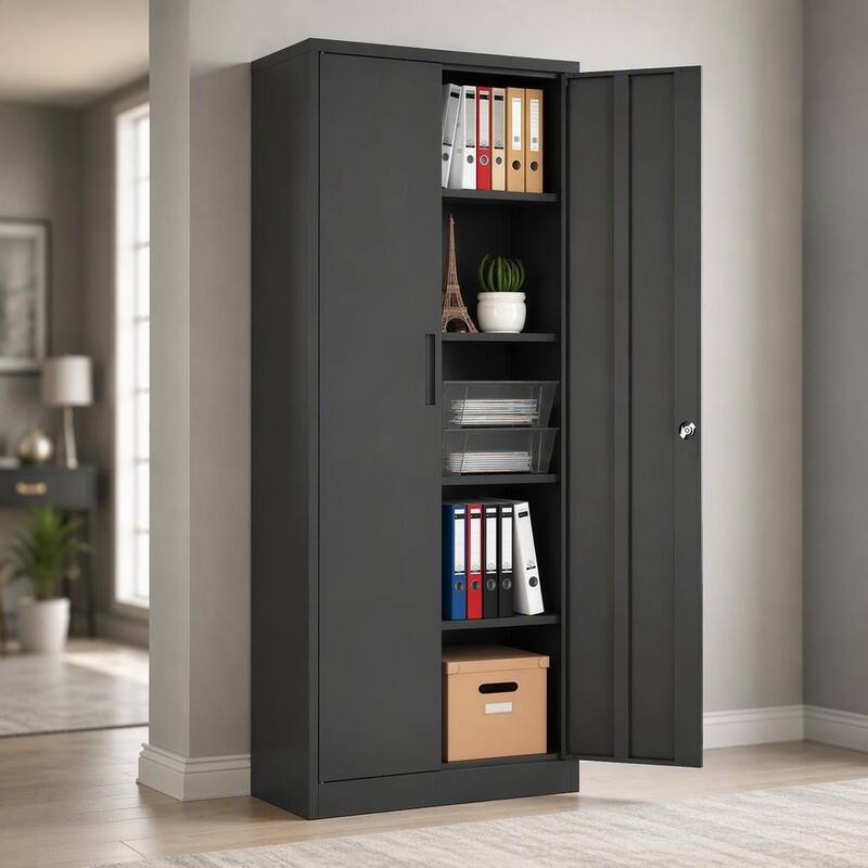 Front. RYHNUYNE - 72 Inch Tall Metal Garage Storage Cabinet Black Tool Steel Locking Cabinet with Doors and 4 Shelves for Home Office - Black.