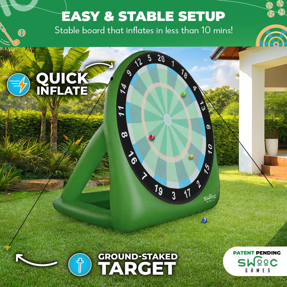 1. EASY & STABLE SETUP  
   Stable board that inflates in less than 10 mins!

2. QUICK INFLATE

3. GROUND-STAKED TARGET

4. PATENT PENDING  
   SWOOC GAMES