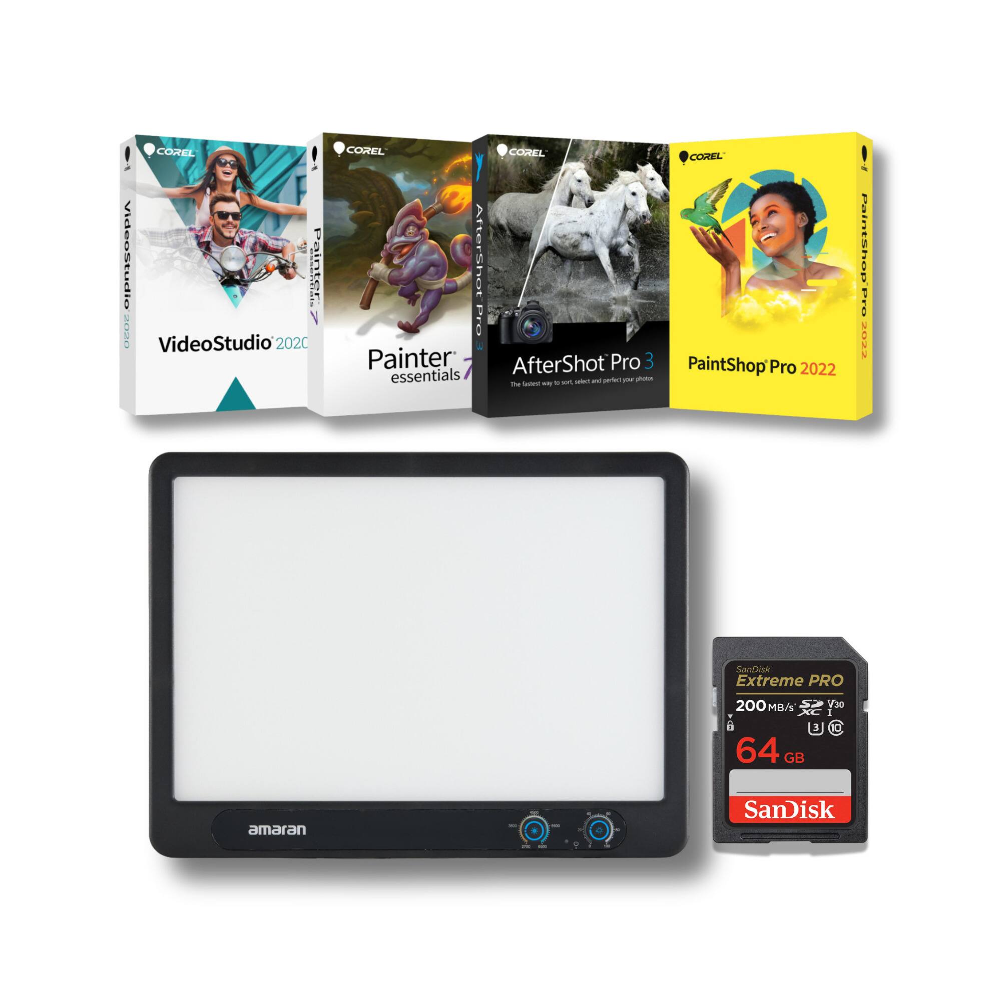 COREL VideoStudio 2020  
COREL Painter Essentials  
COREL AfterShot Pro 3  
COREL PaintShop Pro 2022  
SanDisk Extreme PRO 64 GB