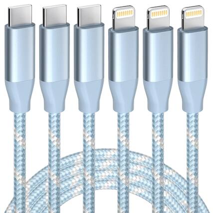 Front. MOSZAR LLC - 3-Pack 6Ft MFi Certified USB-C to Lightning Fast Charging Cable for iPhone - Blue White.