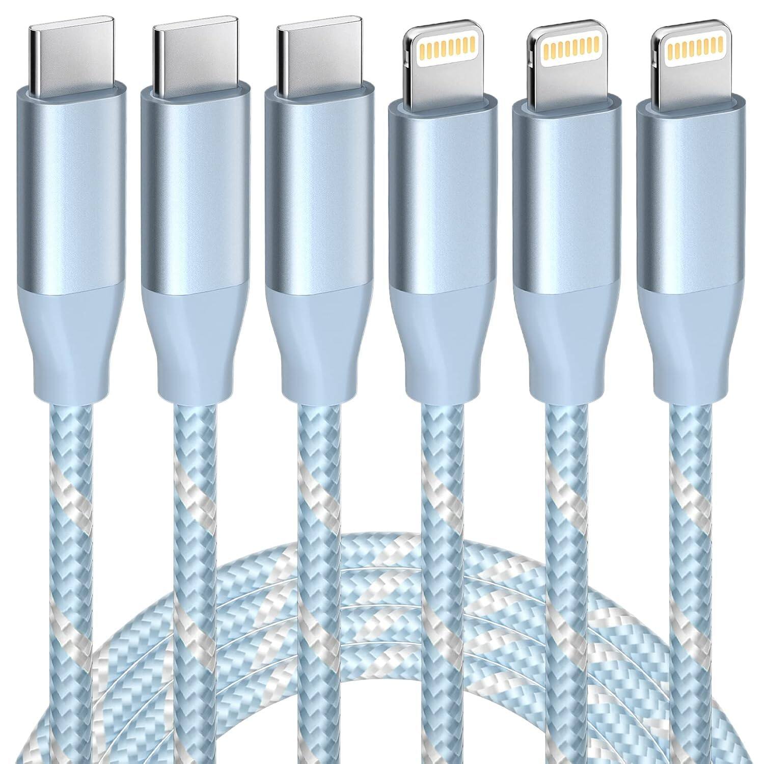 Front. MOSZAR LLC - 3-Pack 6Ft MFi Certified USB-C to Lightning Fast Charging Cable for iPhone - Blue White.