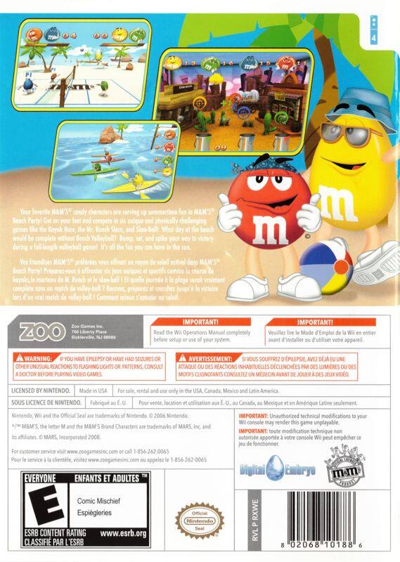 Sure, here is the corrected and grouped text from the image:

---

**Front Cover:**
- Your favorite M&M's candy characters are serving up summertime fun in M&M's Beach Party! Get on your feet and compete in six unique and physically challenging games like the Kayak Race, the Mr. Runch Slam, and Skeetball. What day at the beach would be complete without Beach Volleyball? Bump, set, and spike your way to victory during a full-length volleyball game! It's all the fun you can have in the sun.

**Back Cover:**
- Your favorite M&M's candy characters are serving up summertime fun in M&M's Beach Party! Get on your feet and compete in six unique and physically challenging games like the Kayak Race, the Mr. Runch Slam, and Skeetball. What day at the beach would be complete without Beach Volleyball? Bump, set, and spike your way to victory during a full-length volleyball game! It's all the fun you can have in the sun.

**Important:**
- IMPORTANT! Read the Wii Operations Manual completely before setting up your system.
- IMPORTANT! Veuillez lire le Mode d'Emploi de la Wii en entier avant d'installer ou