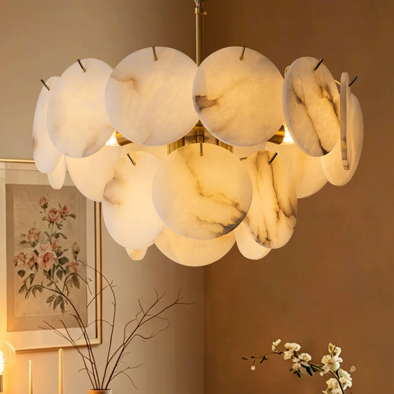 Angle. Siljoy - 19.7-In Gold Alabaster Chandelier, 8-Light E12 Modern Luxury Pendant Light for Dining Room Kitchen Island - Gold.