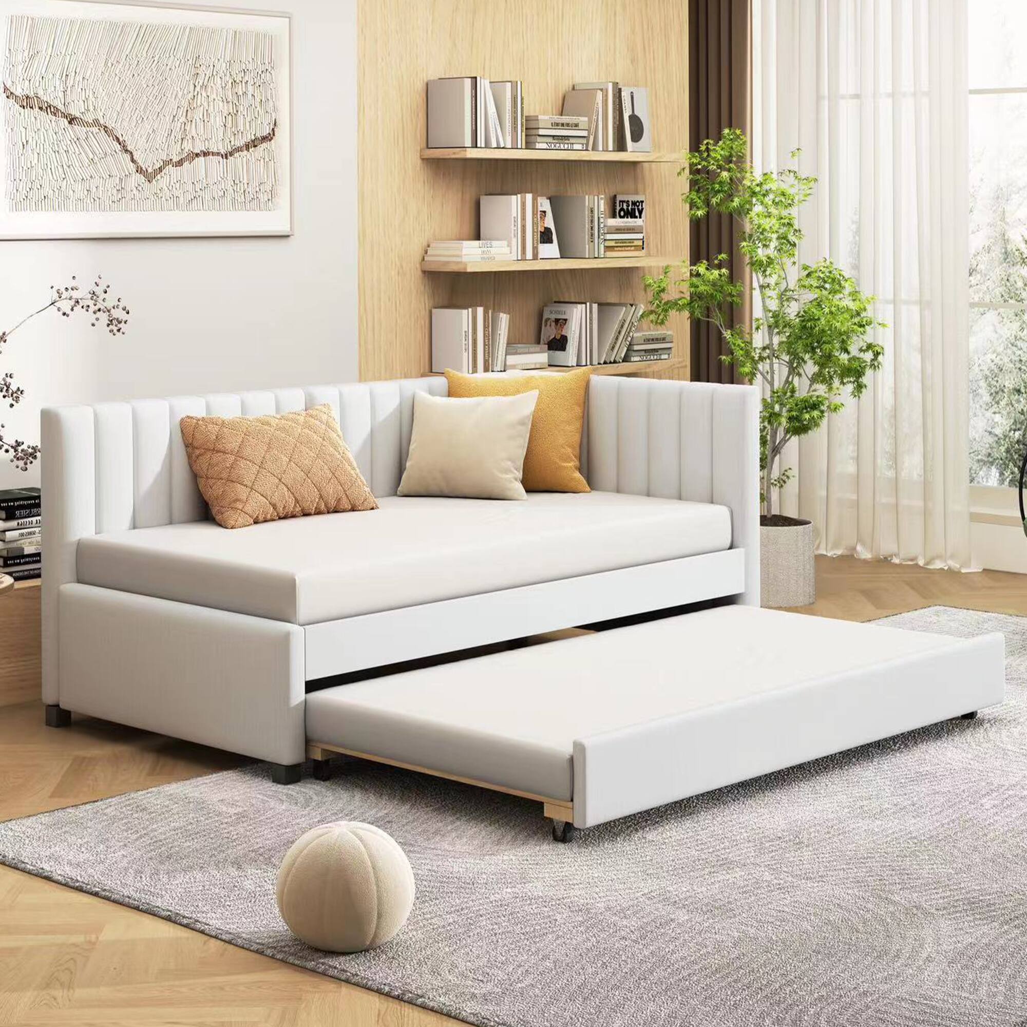 Front. Tiramisubest - Upholstered Daybed with Trundle Twin Size Sofa Bed Frame No Box Spring Needed, Linen Fabric(Beige) - Beige.