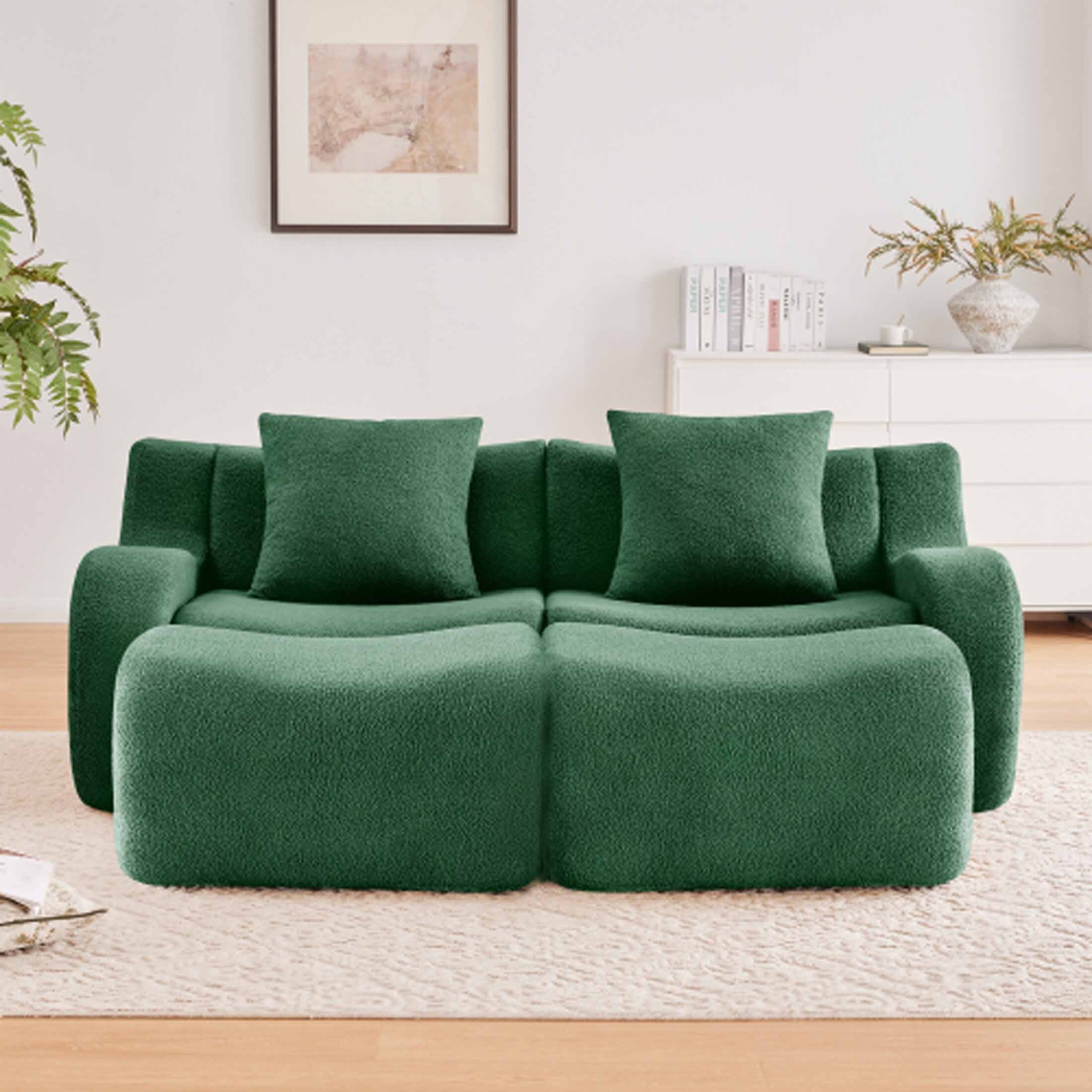 Angle. Aukfa - Modular Teddy Fabric Sofa - 2-Seat Sectional with 2 Ottomans, Soft Boneless Design for Living Room - Green.