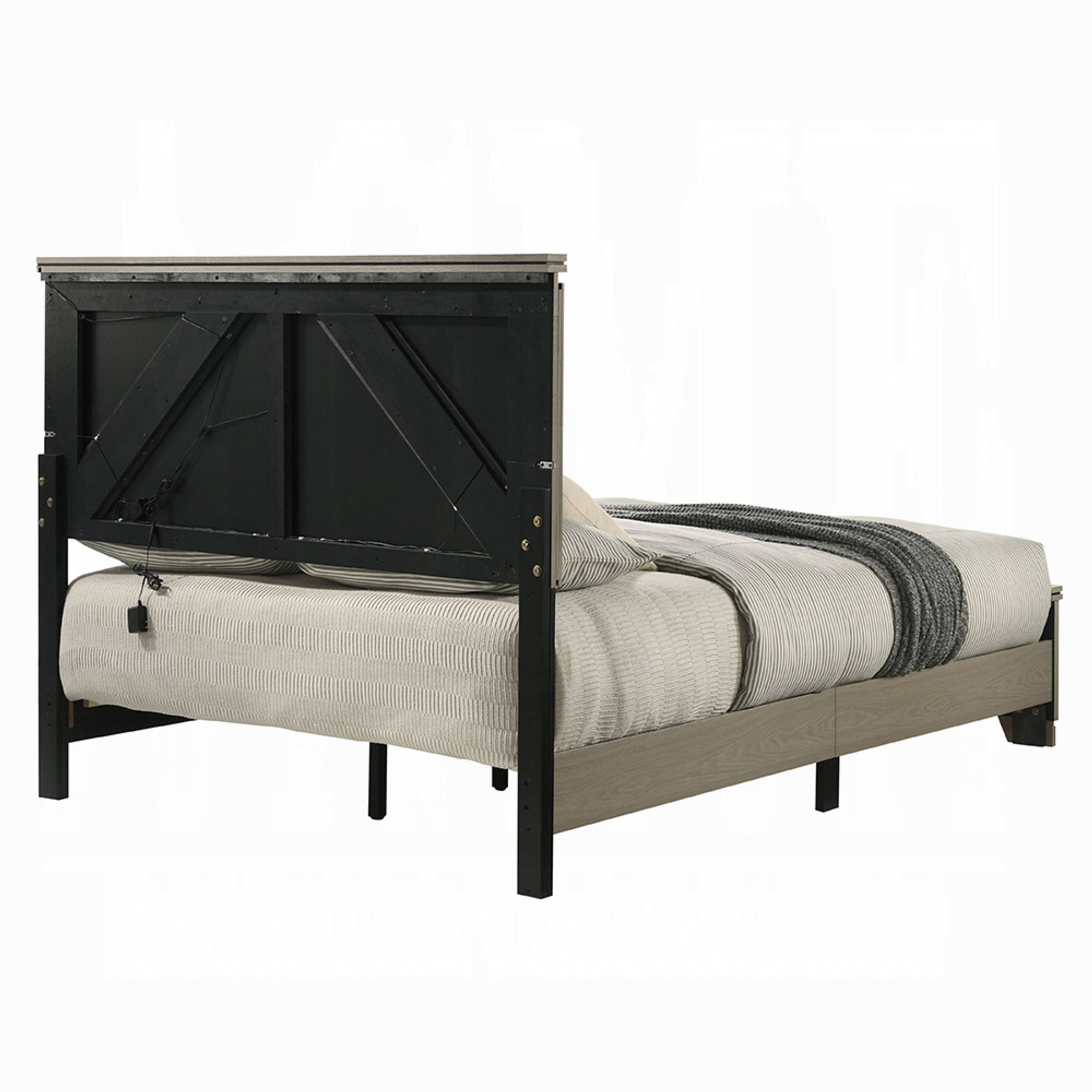 Alt View 3. Manhattan Lane - Anna Queen Bed, Panel Headboard with LED, Weathered Gray Wood, Modern Style - Gray, Black.