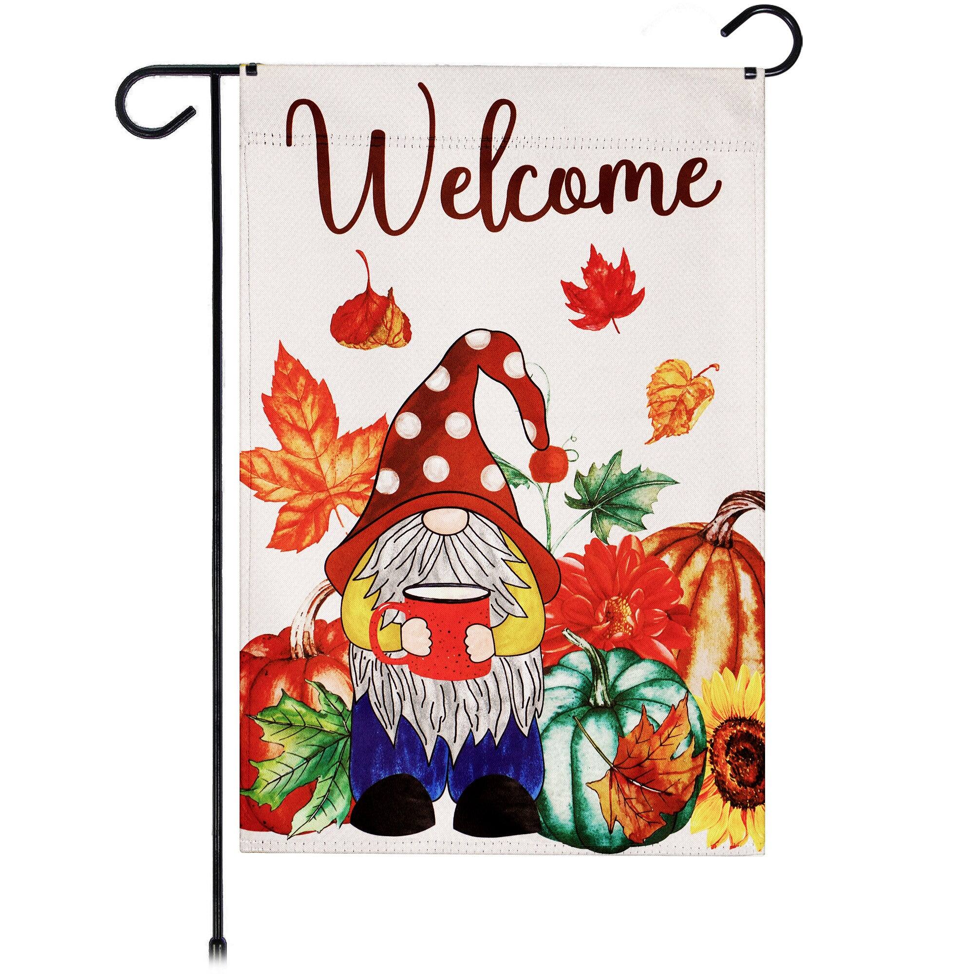 G128 Garden Flag Welcome Gnome with Coffee at Harvest 12 x 18 in ...
