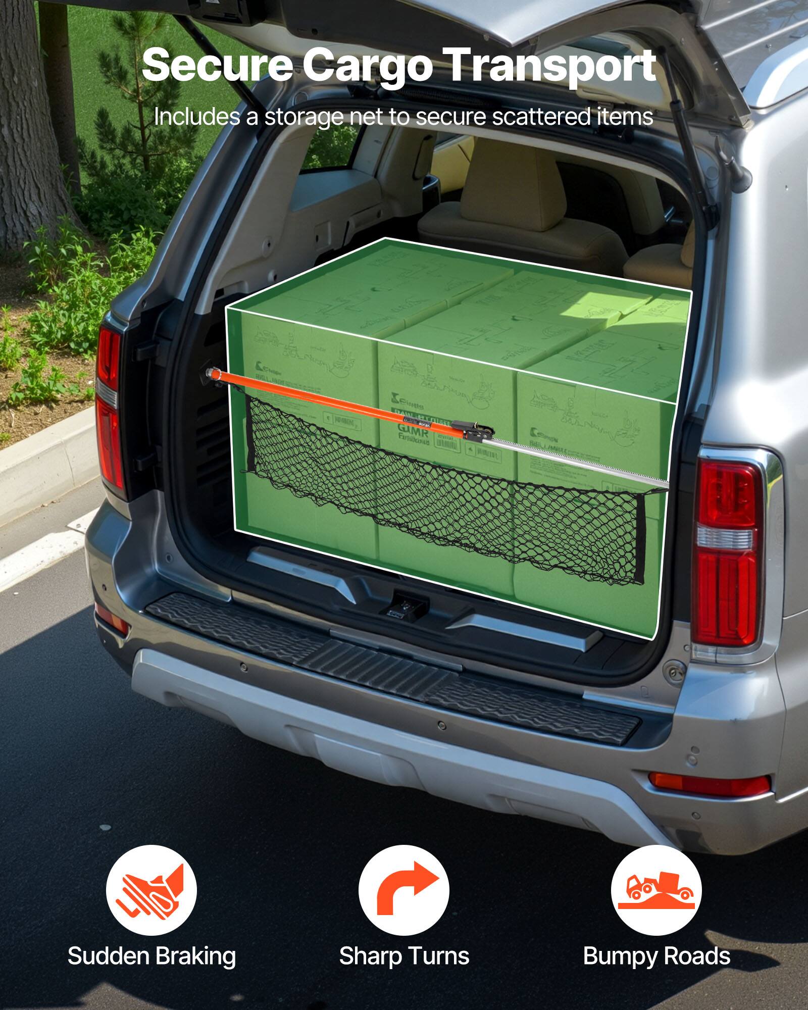 Secure Cargo Transport  
Includes a storage net to secure scattered items  

- Sudden Braking  
- Sharp Turns  
- Bumpy Roads