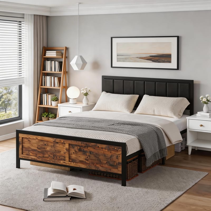 Dyonery - Bed Frame PU Leather Upholstered Headboard, Metal Platform Bed with Under Bed Storage,No Box Spring Needed,Easy Assembly - Brown