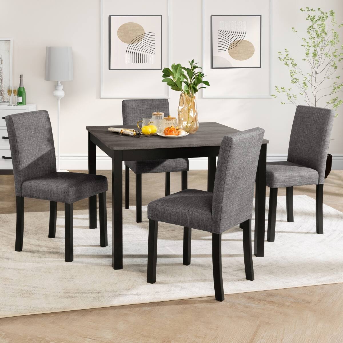 Angle. Loheer - Loheer 5 Piece Dining Table Set for 4, Square Wooden Table with Upholstered Chairs, Light Gray and Black - Light gray and black two tone.