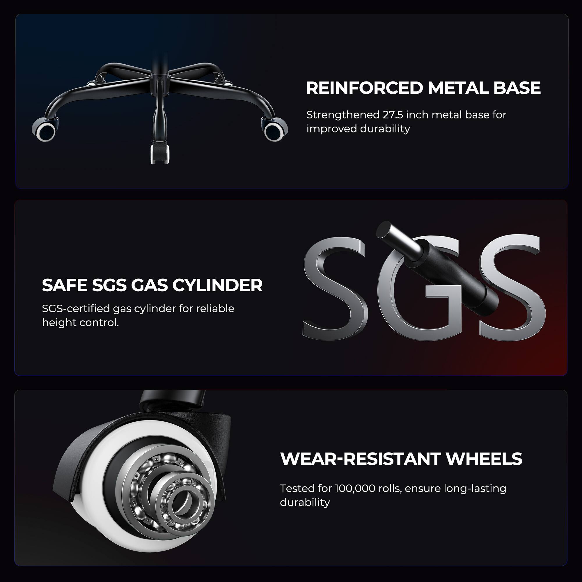 REINFORCED METAL BASE  
Strengthened 27.5 inch metal base for improved durability  

SAFE SGS GAS CYLINDER  
SGS-certified gas cylinder for reliable height control.  

WEAR-RESISTANT WHEELS  
Tested for 100,000 rolls, ensure long-lasting durability