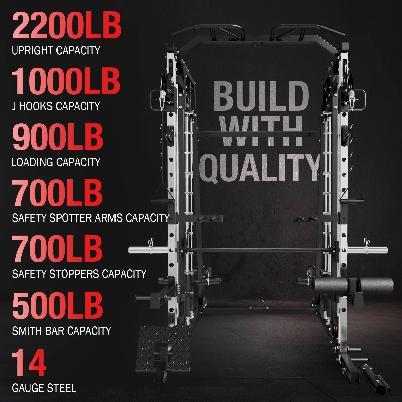 2200LB UPRIGHT CAPACITY  
1000LB J HOOKS CAPACITY  
900LB LOADING CAPACITY  
700LB SAFETY SPOTTER ARMS CAPACITY  
700LB SAFETY STOPPERS CAPACITY  
500LB SMITH BAR CAPACITY  
14 GAUGE STEEL
