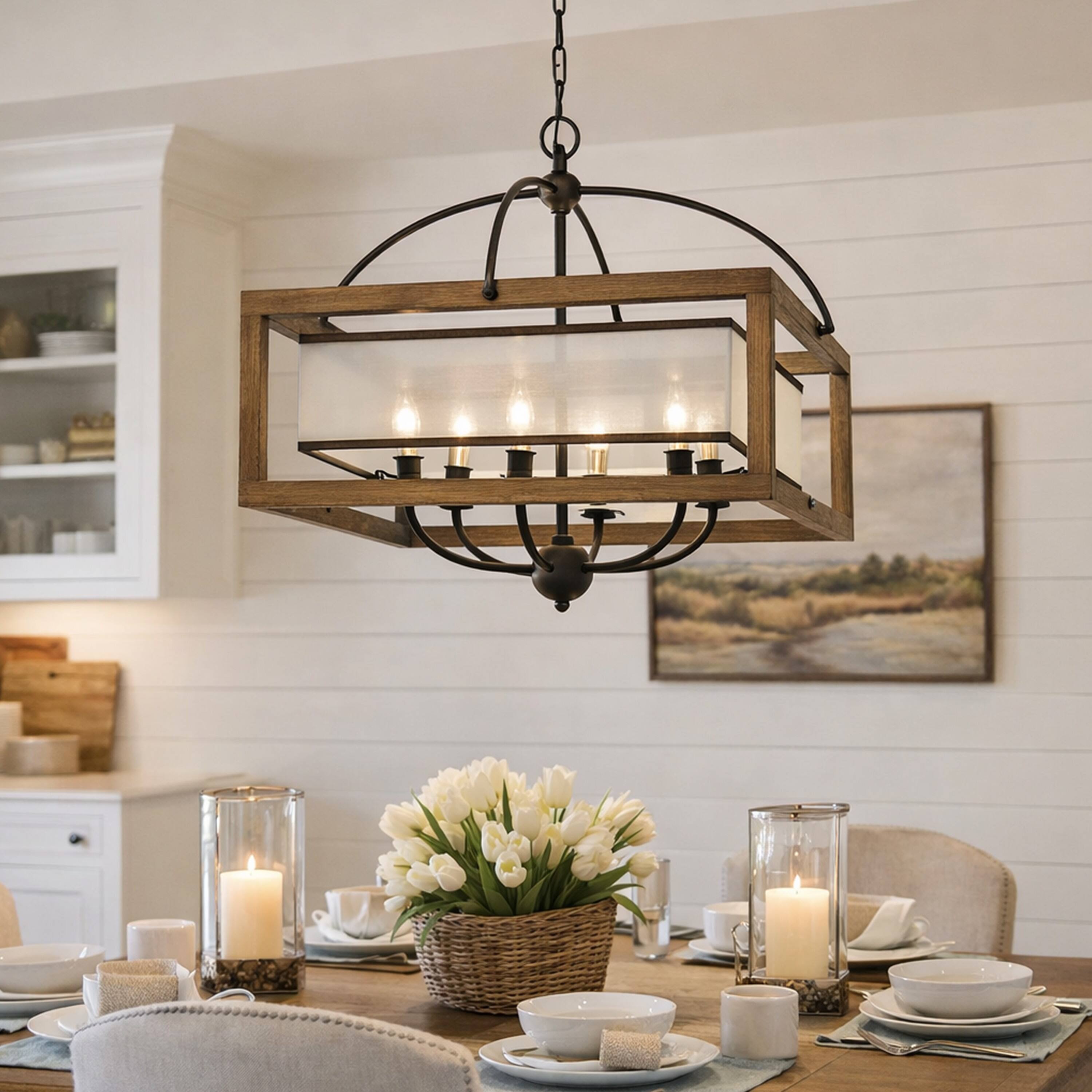 Alt View 3. Manhattan Lane - 6 Bulb Square Chandelier with Wooden Frame and Organza Striped Shade - Brown.