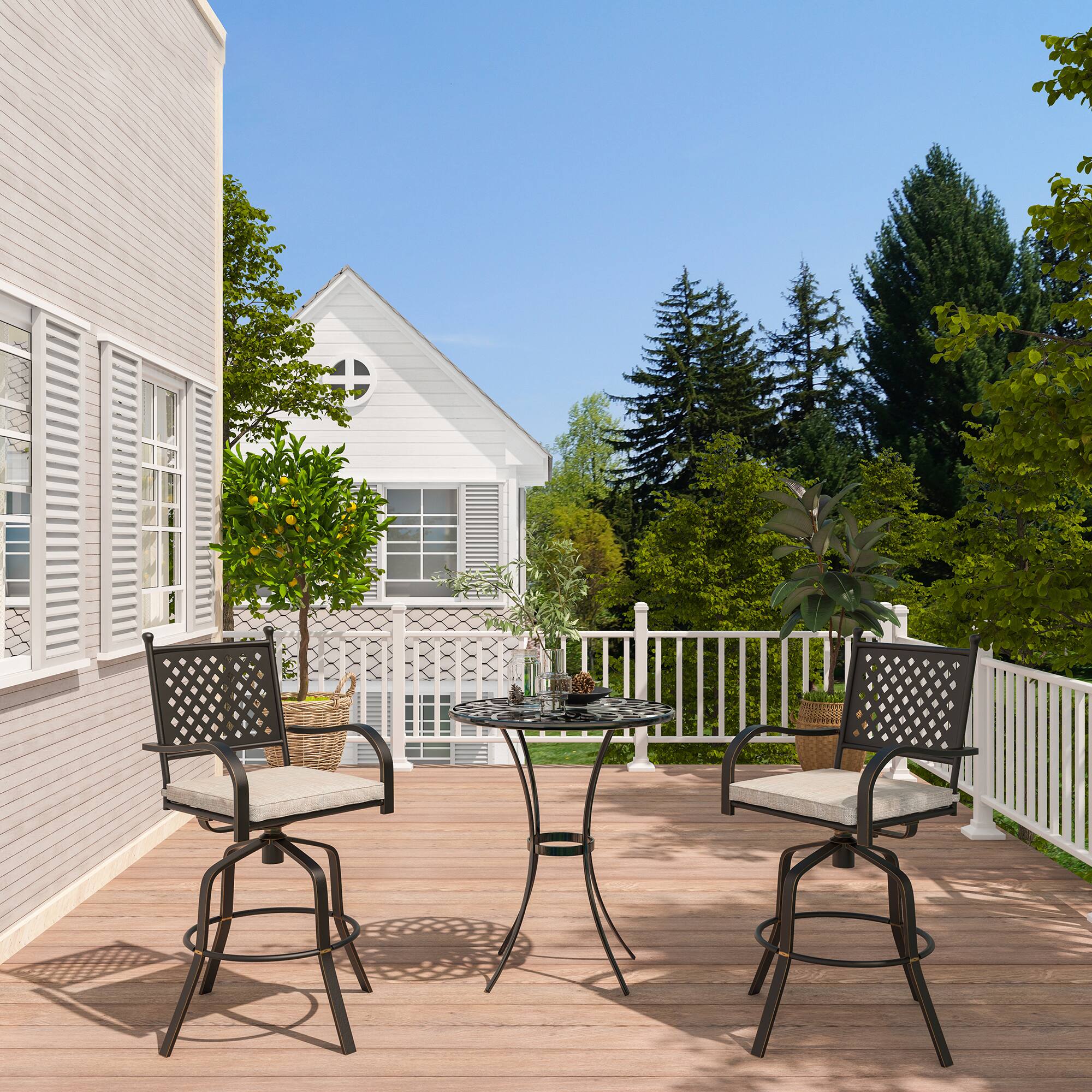 Left. Mondawe - 2-Piece Outdoor Swivel Bar Stool Set with Yarn-Dyed Fabric Cushions - Black+Beige.