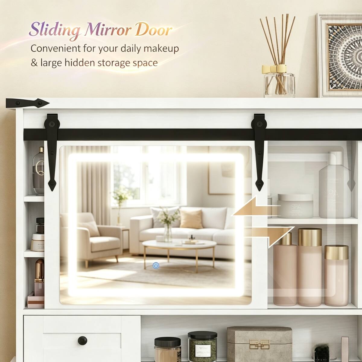 Sliding Mirror Door Convenient for your daily makeup & large hidden storage space