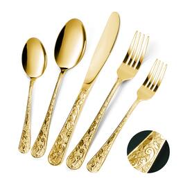 Dazzed Corner - Stainless Steel Silverware Set, 30 Pieces Vintage Carved Flatware Set for 6 - Gold