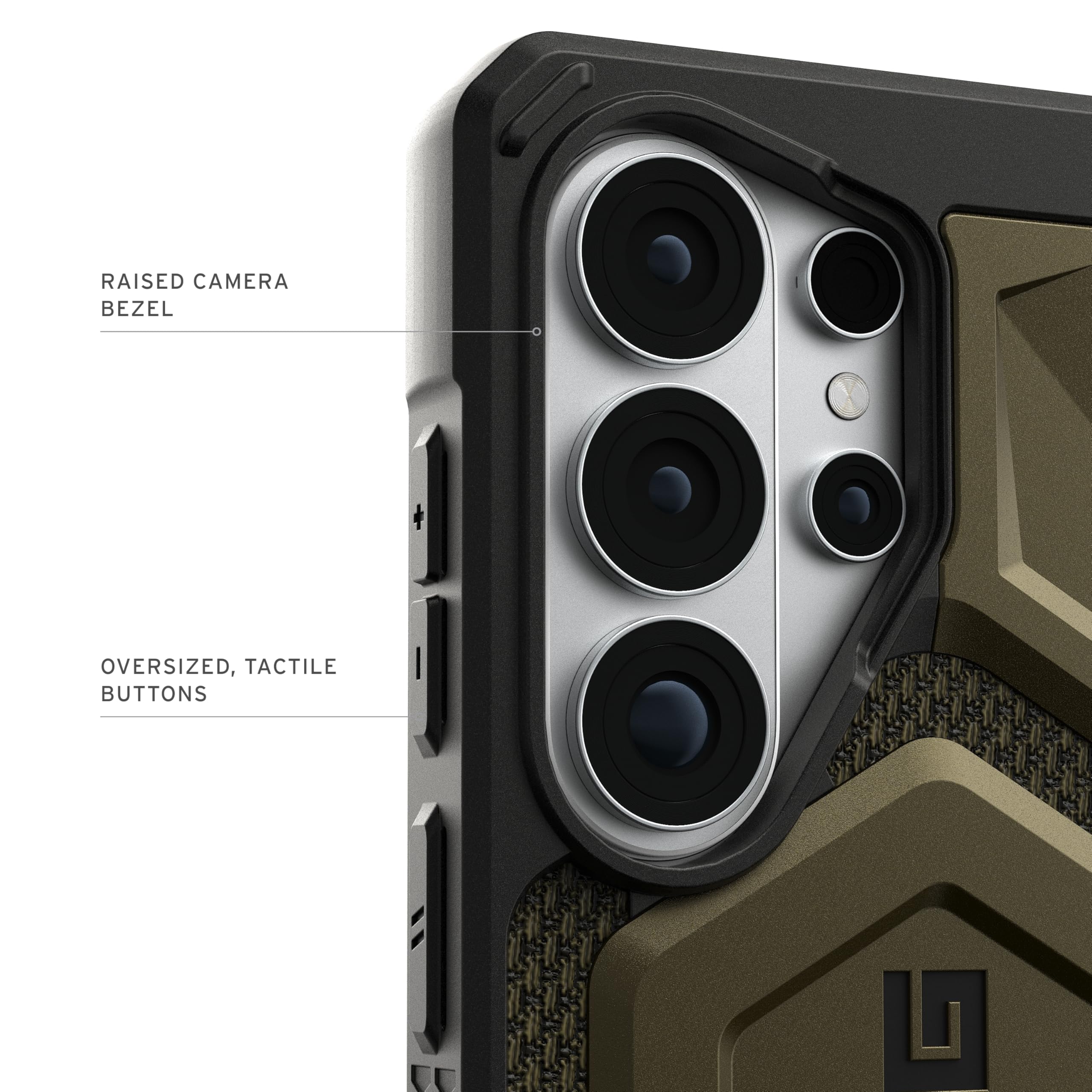 RAISED CAMERA BEZEL  
OVERSIZED, TACTILE BUTTONS