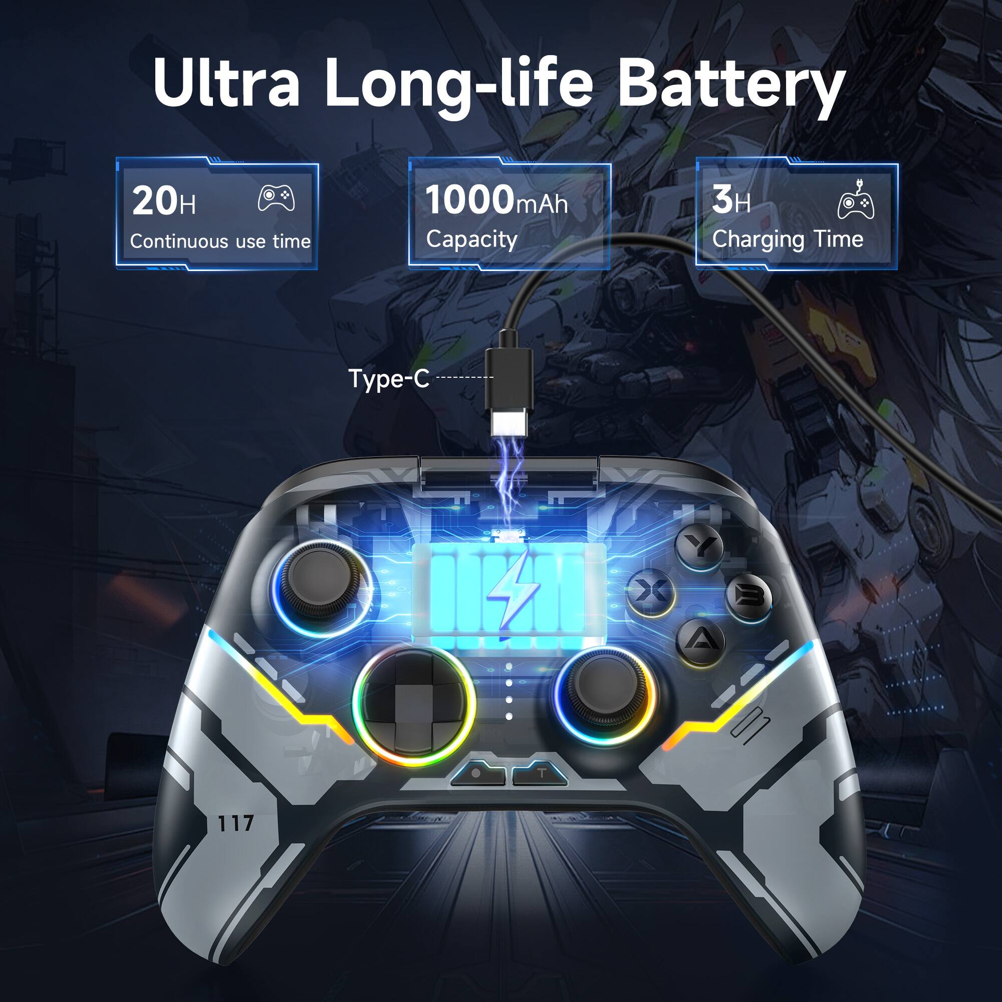 Ultra Long-life Battery

- 20H Continuous use time
- 1000mAh Capacity
- 3H Charging Time
- Type-C

117