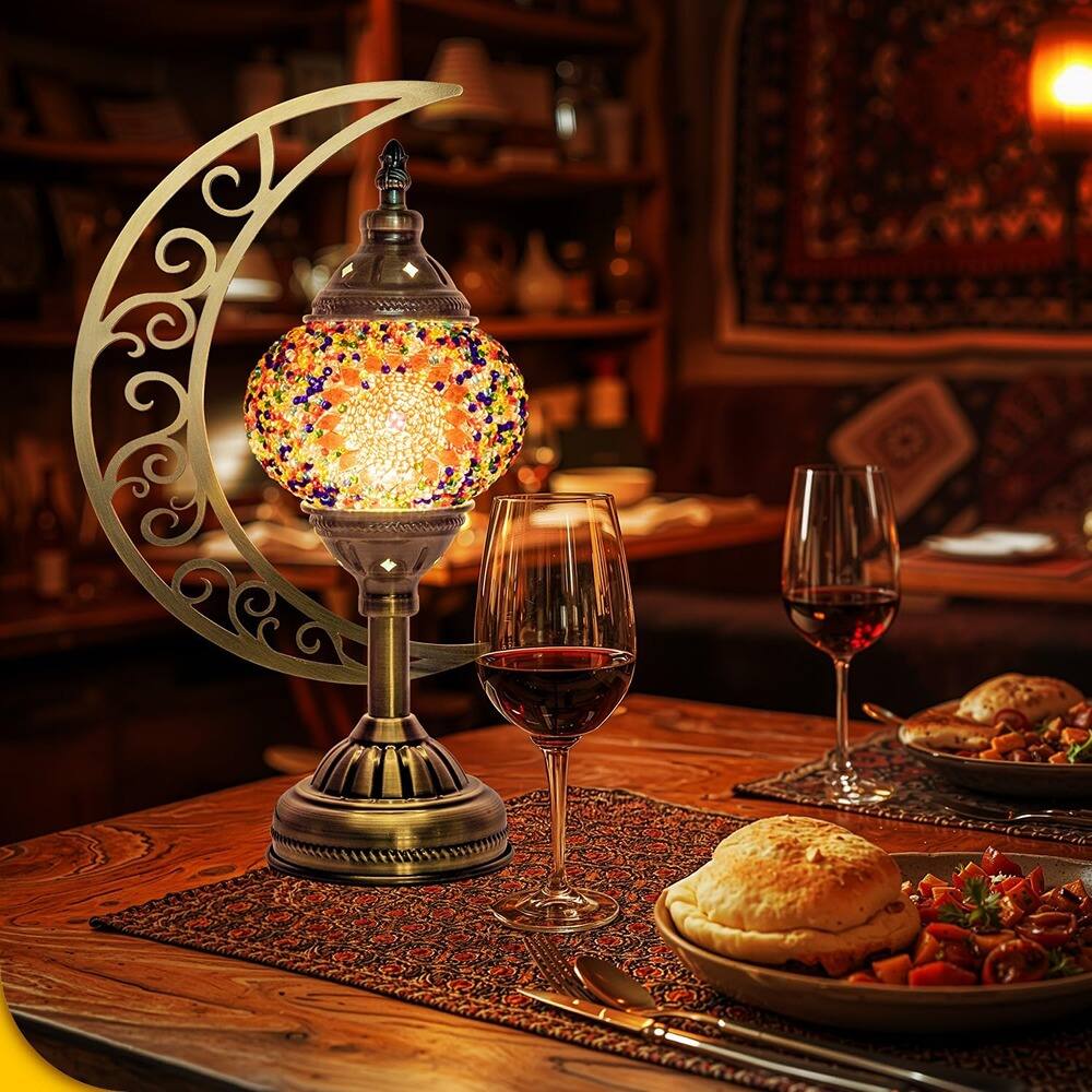 Left. MOSZAR LLC - Turkish Mosaic Lamp, Moon Shaped, Moroccan Glass, Bronze Base, Night Light.