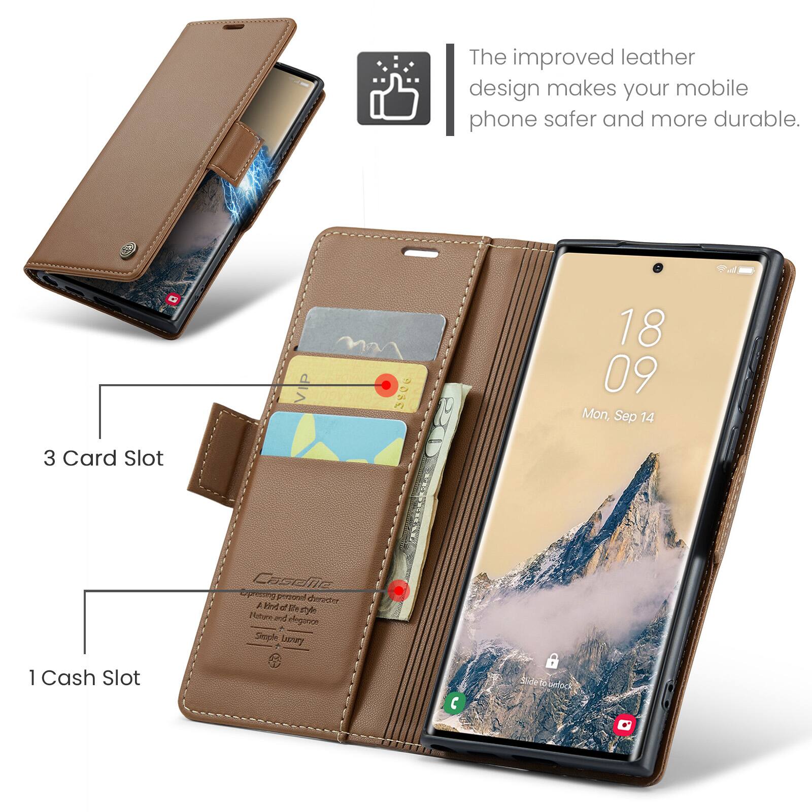The improved leather design makes your mobile phone safer and more durable.

G 3 Card Slot
3906
18 09 Mon, Sep 14

Casefie bucaudo presonal cherecter A kind of life syn Nature elegance Smple 
1 Cash Slot

Slide to unlock