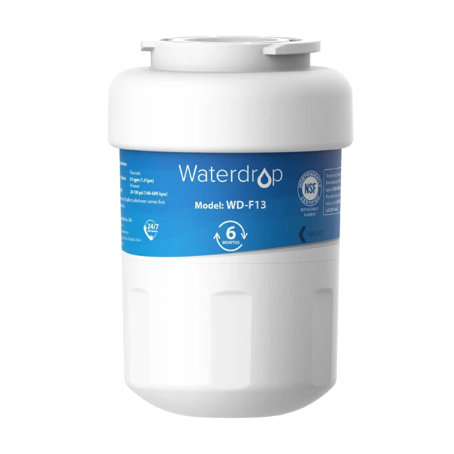 Waterdrop  
Model: WD-F13  

Flow rate: 5.5 gpm (1.9 lpm)  
Pressure: 20-100 psi (140-689 kpa)  
Installation: Whichever comes first  

NSF Certified  
Replacement Element  

6 MONTHS  

UNLOCK