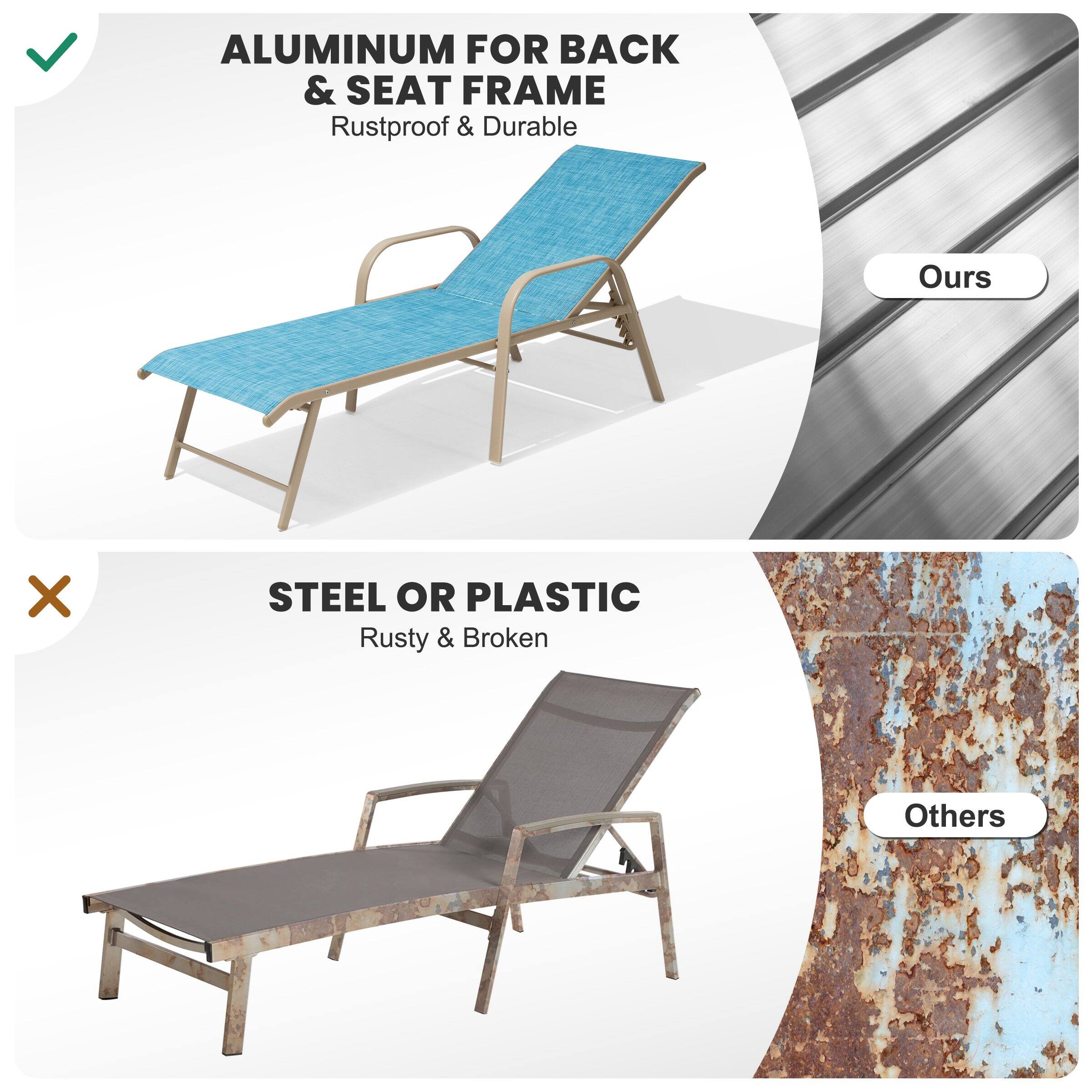 ALUMINUM FOR BACK & SEAT FRAME  
Rustproof & Durable  
Ours  

STEEL OR PLASTIC  
Rusty & Broken  
Others