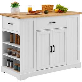 Glintex - Kitchen Island Cart with 46" Wood Top, Storage Cabinet with Adjustable Shelf, Drawer, for Kitchen and Dining Room - White