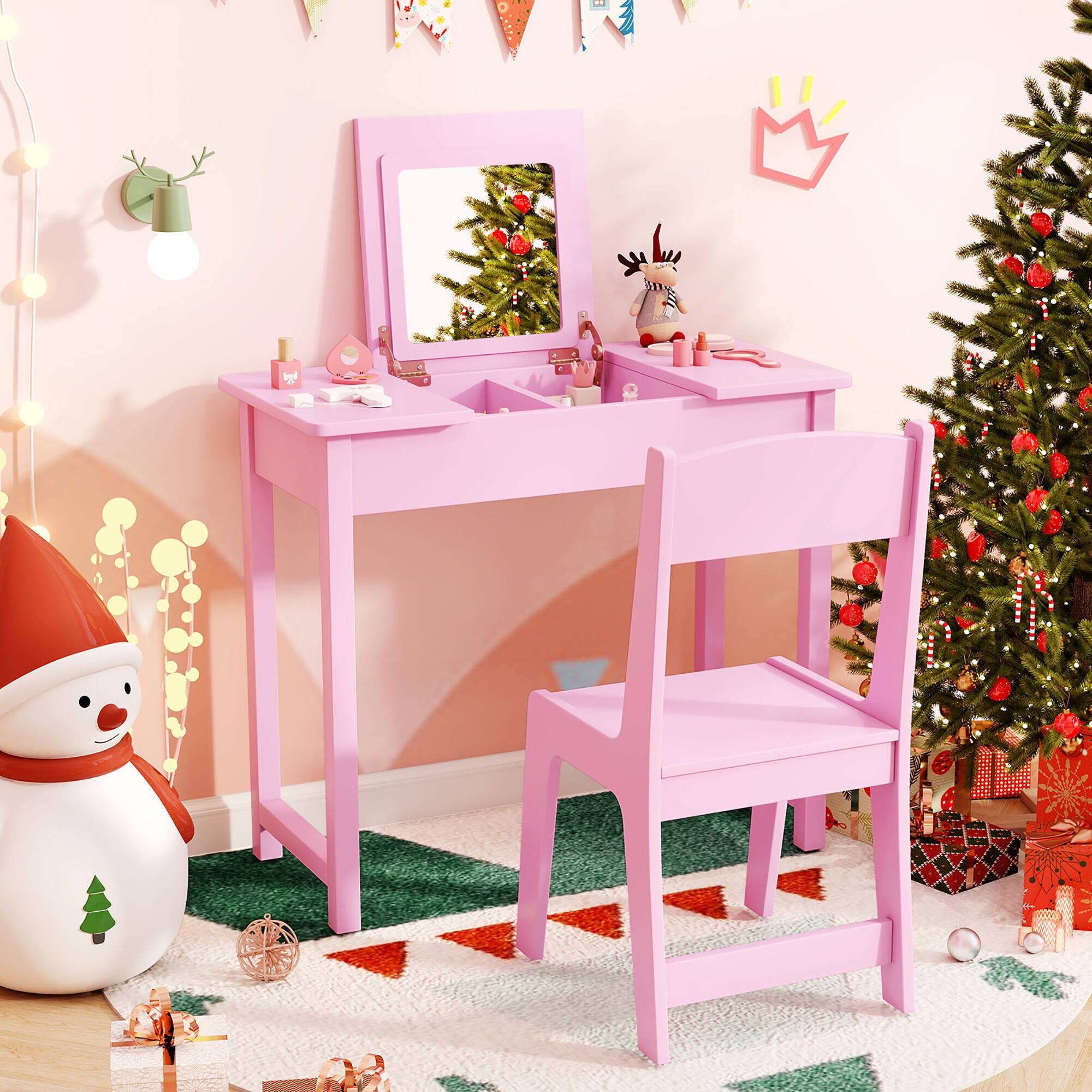 Alt View 1. Gymax - Gymax Kids Vanity Table & Chair Set 2-in-1 Princess Makeup Dressing Desk Set Pink - Pink.