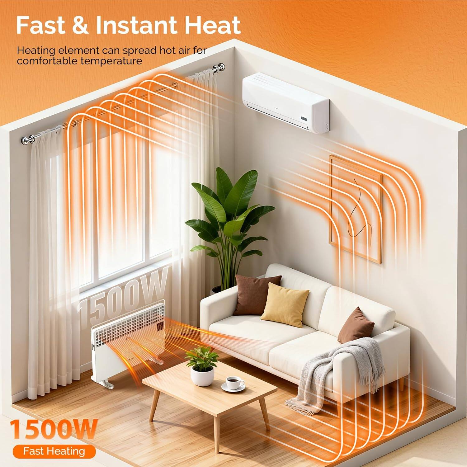 Fast & Instant Heat  
Heating element can spread hot air for comfortable temperature  

1500W  
Fast Heating