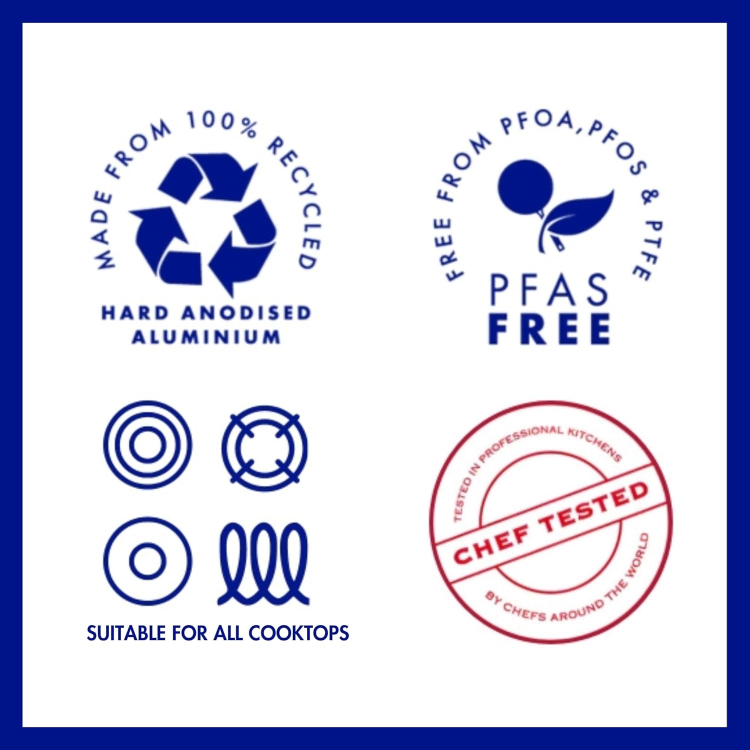 - Made from 100% recycled hard anodised aluminium
- Free from PFOA, PFOS & PTFE
- PFAS free
- Suitable for all cooktops
- Tested in professional kitchens
- Chef tested by chefs around the world