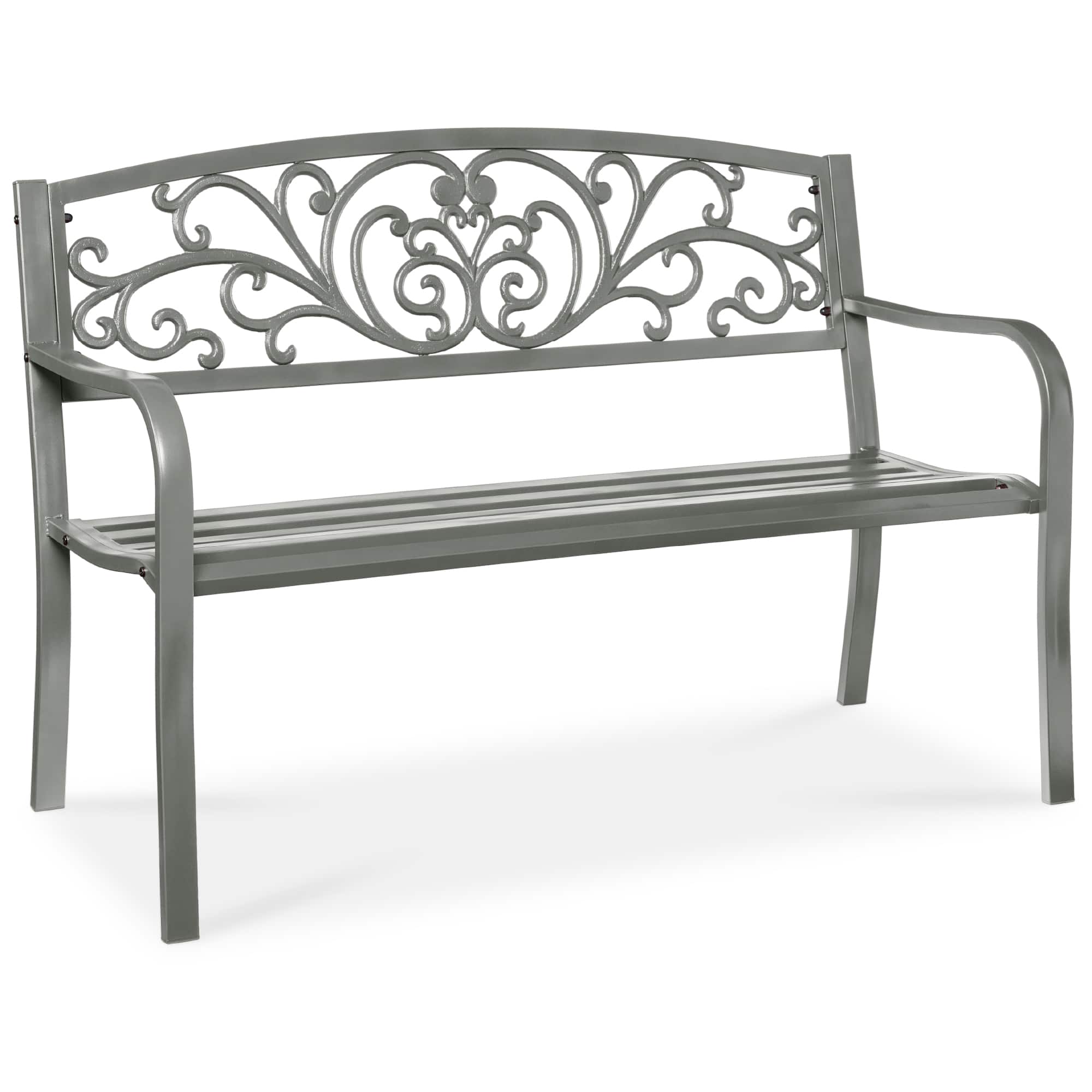 Front. Best Choice Products - Best Choice Products Outdoor Steel Bench Garden Patio Porch Furniture w/ Floral Design Backrest - Gray - Gray.