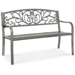 Best Choice Products - Outdoor Steel Bench Garden Patio Porch Furniture w/ Floral Design Backrest - Gray