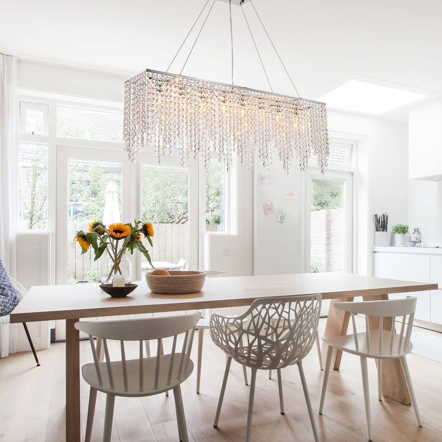 Angle. Siljoy - 8 Lights Modern Linear Rectangle L40, Pendant Lighting for Dining Room & Kitchen Island - Silver.