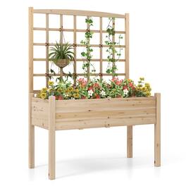 Gymax - Raised Garden Bed w/ Lattice Trellis Drainage Holes Legs Legs for Climbing Vine - Natural
