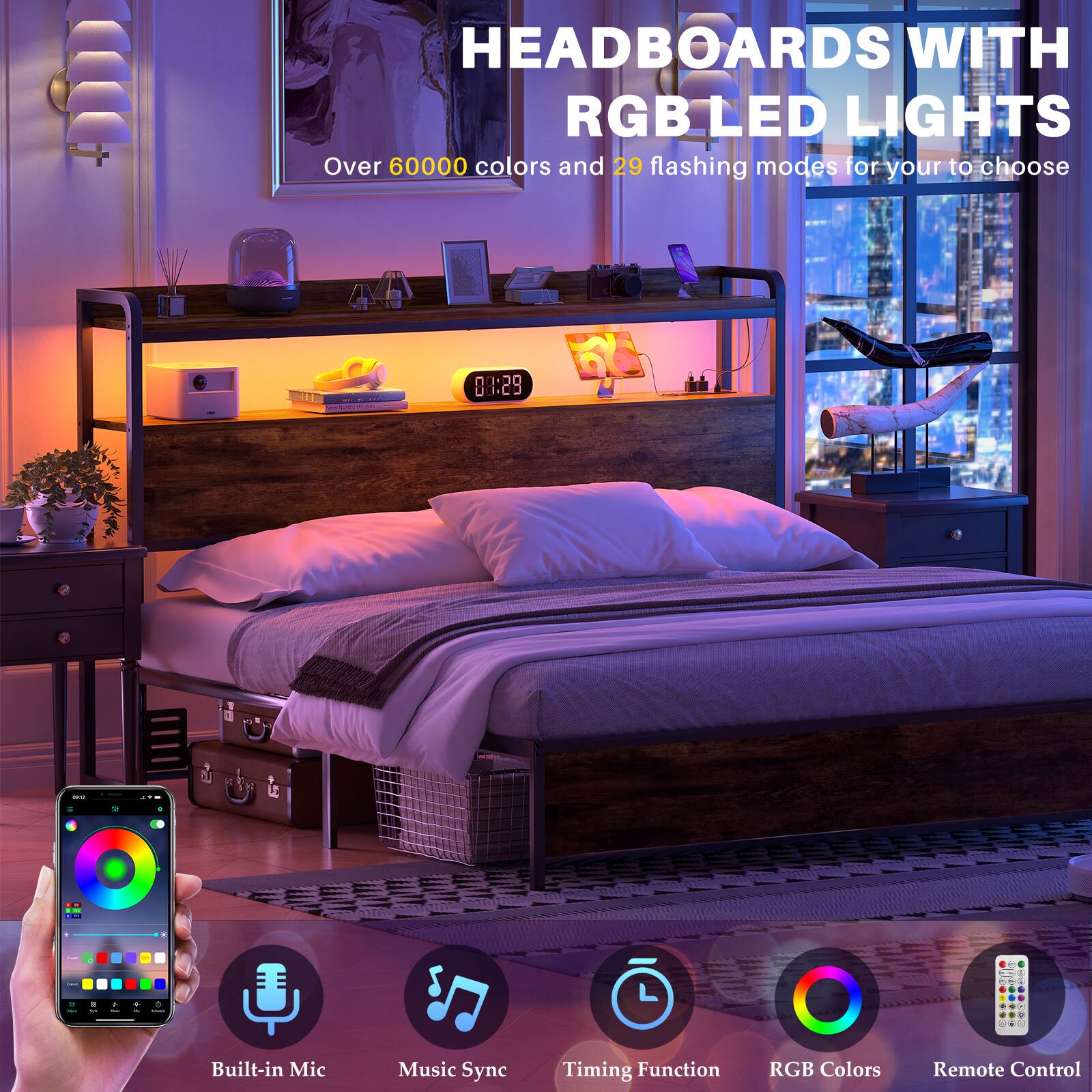 HEADBOARDS WITH RGB LED LIGHTS

Over 60000 colors and 29 flashing modes for your to choose

Built-in Mic
Music Sync
Timing Function
RGB Colors
Remote Control