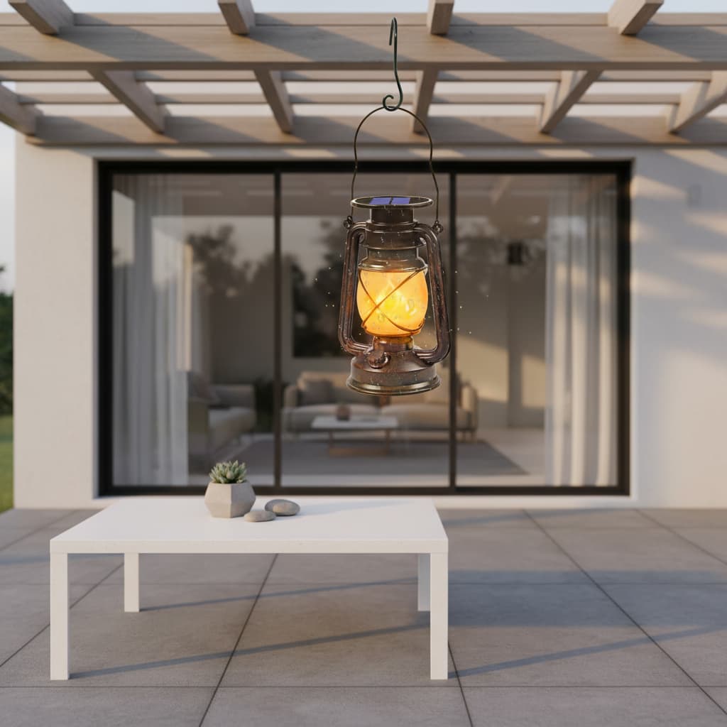 Alt View 4. FINEAK - 6.3"L x 4.53"W x 9.25"H 2 Pack Vintage Bronze Solar Lanterns - Waterproof Dancing Flame LED Hanging Lights - Bronze.