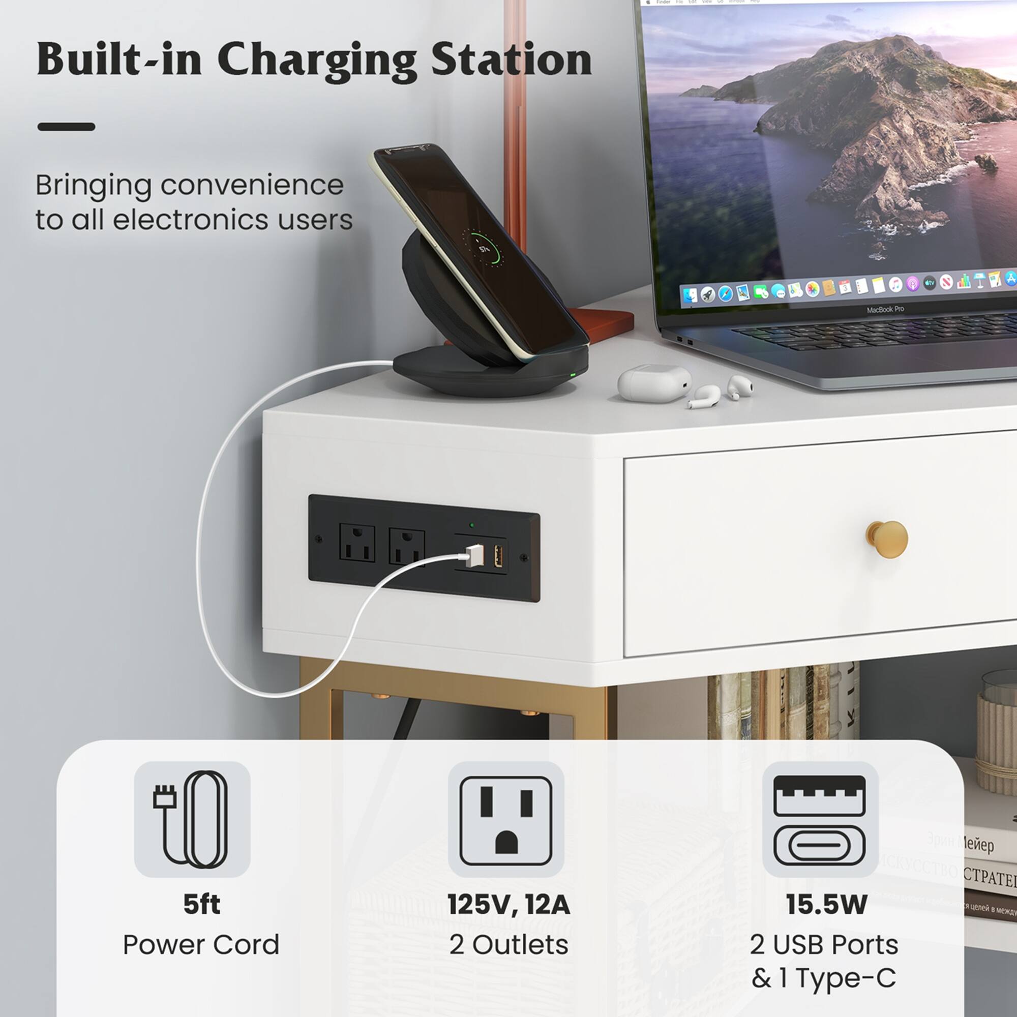 Built-in Charging Station

Bringing convenience to all electronics users

- 5ft Power Cord
- 125V, 12A 2 Outlets
- 15.5W
- 2 USB Ports & 1 Type-C