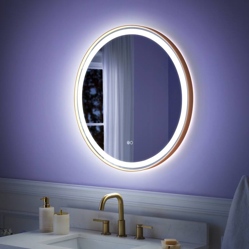 Angle. WELLFOR - 28 in Framed Round LED Bathroom Mirror, Anti-Fog Wall-Mounted Vanity Mirror with Dimmable& Memory Function - Brushed Gold.