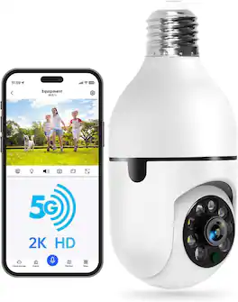 Core Tech - 2K Light Bulb Security Camera, 5GHz/2.4GHz WiFi, Color Night Vision, Motion Detection, Two-Way Audio, Alexa Compatible - White / Black