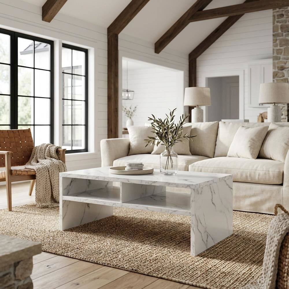 Left. FurniFact - White Faux Marble Coffee Table with Honeycomb Material and Shelves for Storage - White Faux Marble.