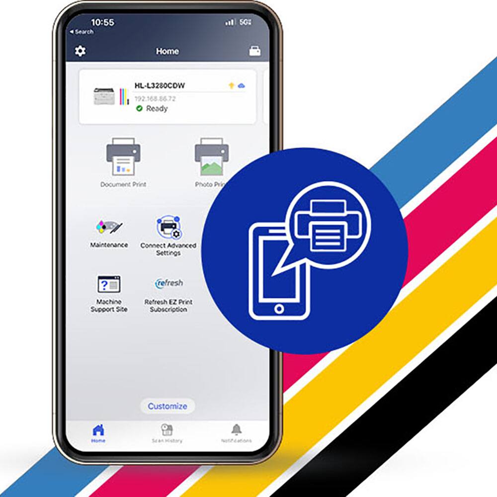 Sure, here is the corrected and grouped text from the image:

---

**10:55**

**Search**

**Home**

**HL-L3280CDW**

**192.168.86.72**

**Ready**

**Document Print**

**Photo Print**

**Maintenance**

**Connect**

**Advanced Settings**

**Machine Support Site**

**Refresh EZ Print Subscription**

**Customize**

**Refresh**

**Settings**

**Home**

**See a History**

**Notifications**

---