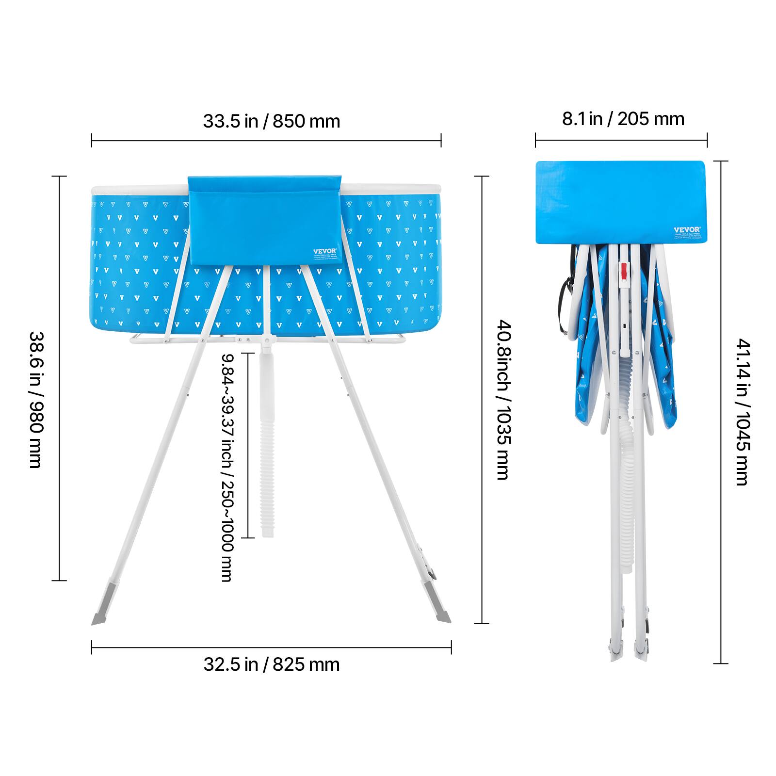 33.5 in / 850 mm  
38.6 in / 980 mm  
9.84~39.37 inch / 250~1000 mm  
32.5 in / 825 mm  

8.1 in / 205 mm  
40.8 inch / 1035 mm  
41.14 in / 1045 mm