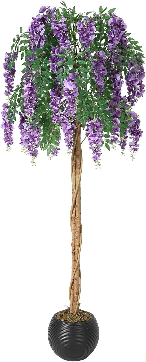 Homhougo - 6FT Fake Purple Bean Flower Tree – Silk Leaves & Moss, Heavy Cement Base, Photo Backdrop Ready - Green