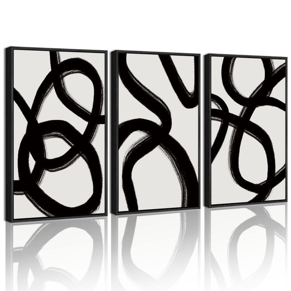 Hirose Alice - KUVIOKE Modern Abstract Framed Wall Art Black Neutral Minimalist Ink and Wash Graffiti Pastel Wall Decor for - Minimalist Lines 12 x 16in x 3 Panels Black Modern