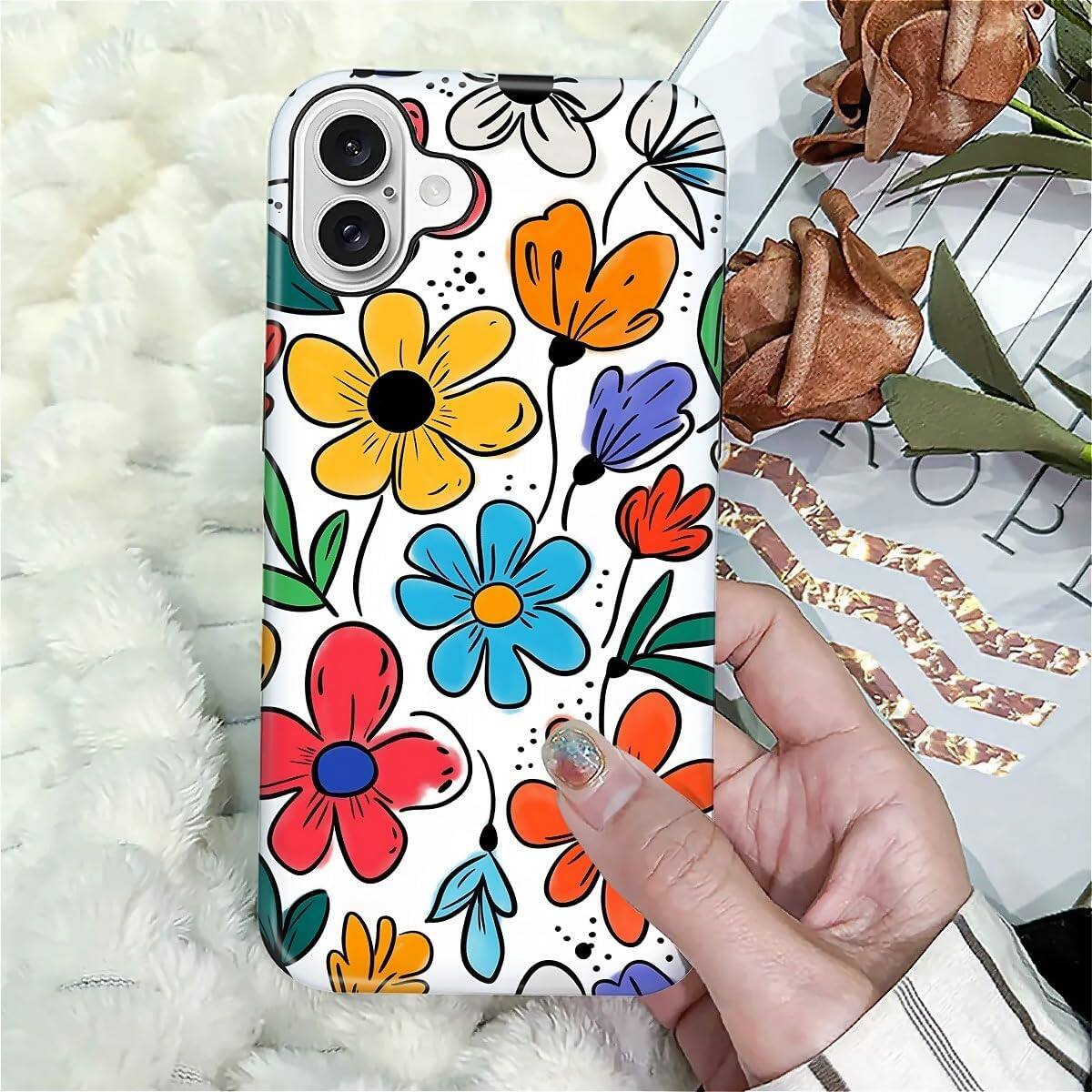 Alt View 6. Finnhomy - Smartphone Case for iPhone 16 Dual Layer Protective Phone Case Shockproof Anti Slip Slim Cover - Colorful Flowers.