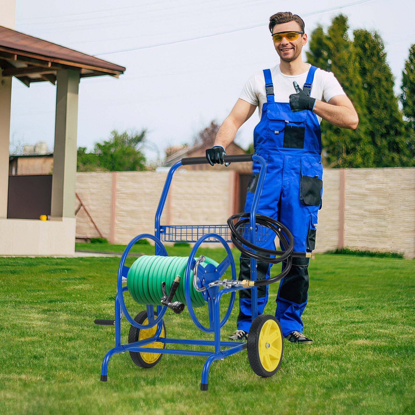 Alt View 4. Gymax - Gymax Garden Hose Reel Cart 230 FT of 5/8'' Large Capacity w/ 2 Wheels Storage Basket Blue - Blue.
