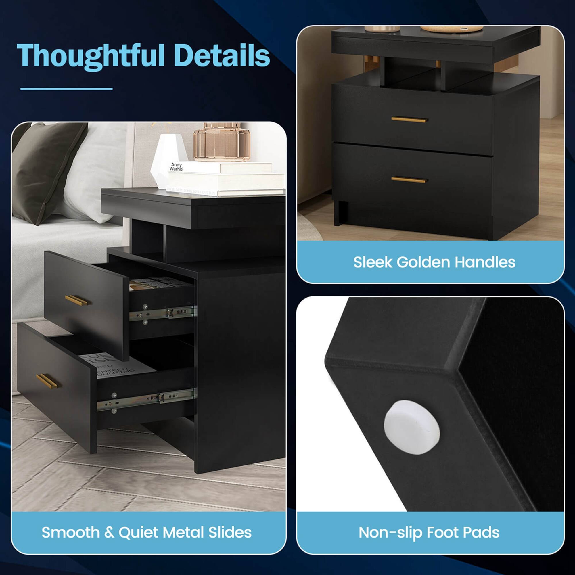 Thoughtful Details

- Sleek Golden Handles
- Smooth & Quiet Metal Slides
- Non-slip Foot Pads