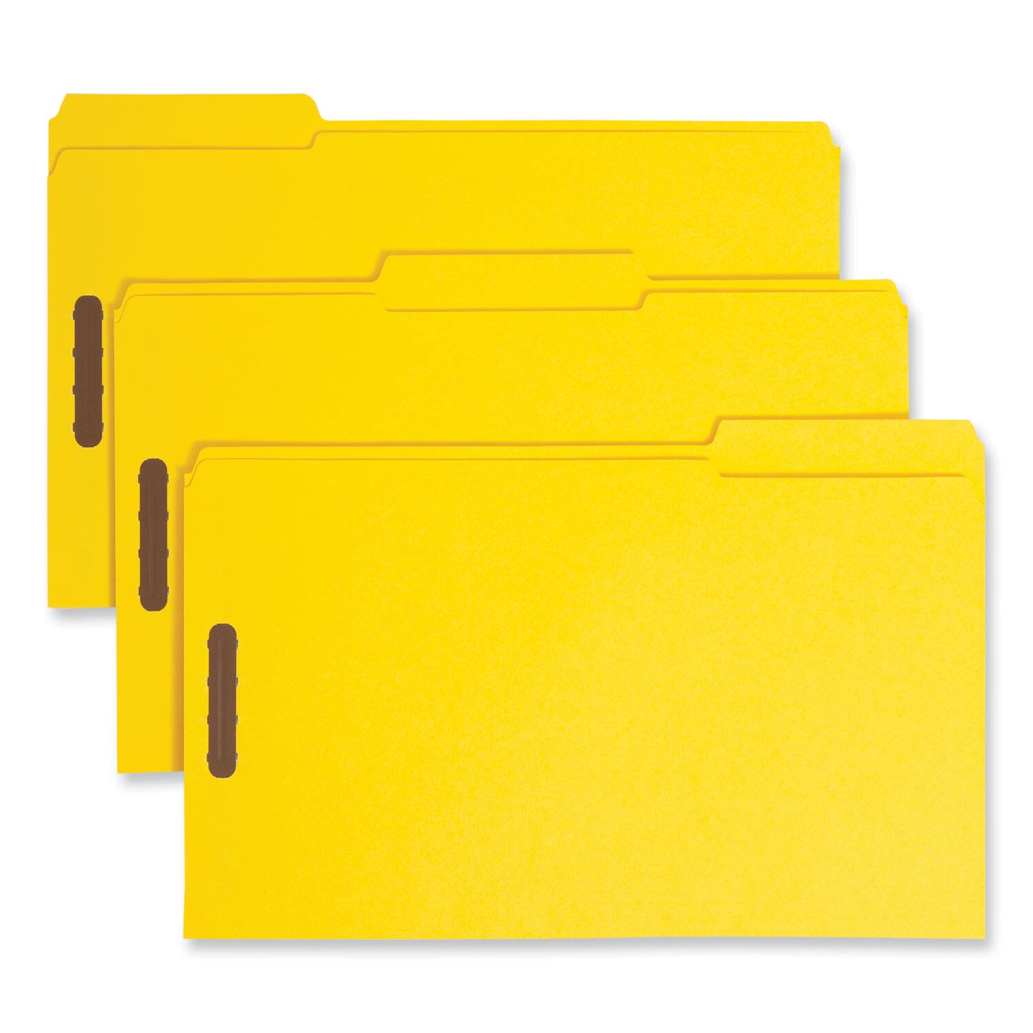 Front. Smead Manufacturing - Top Tab Colored Fastener Folders, 0.75" Expansion, 2 Fasteners, Legal Size, Yellow Exterior, 50/Box.